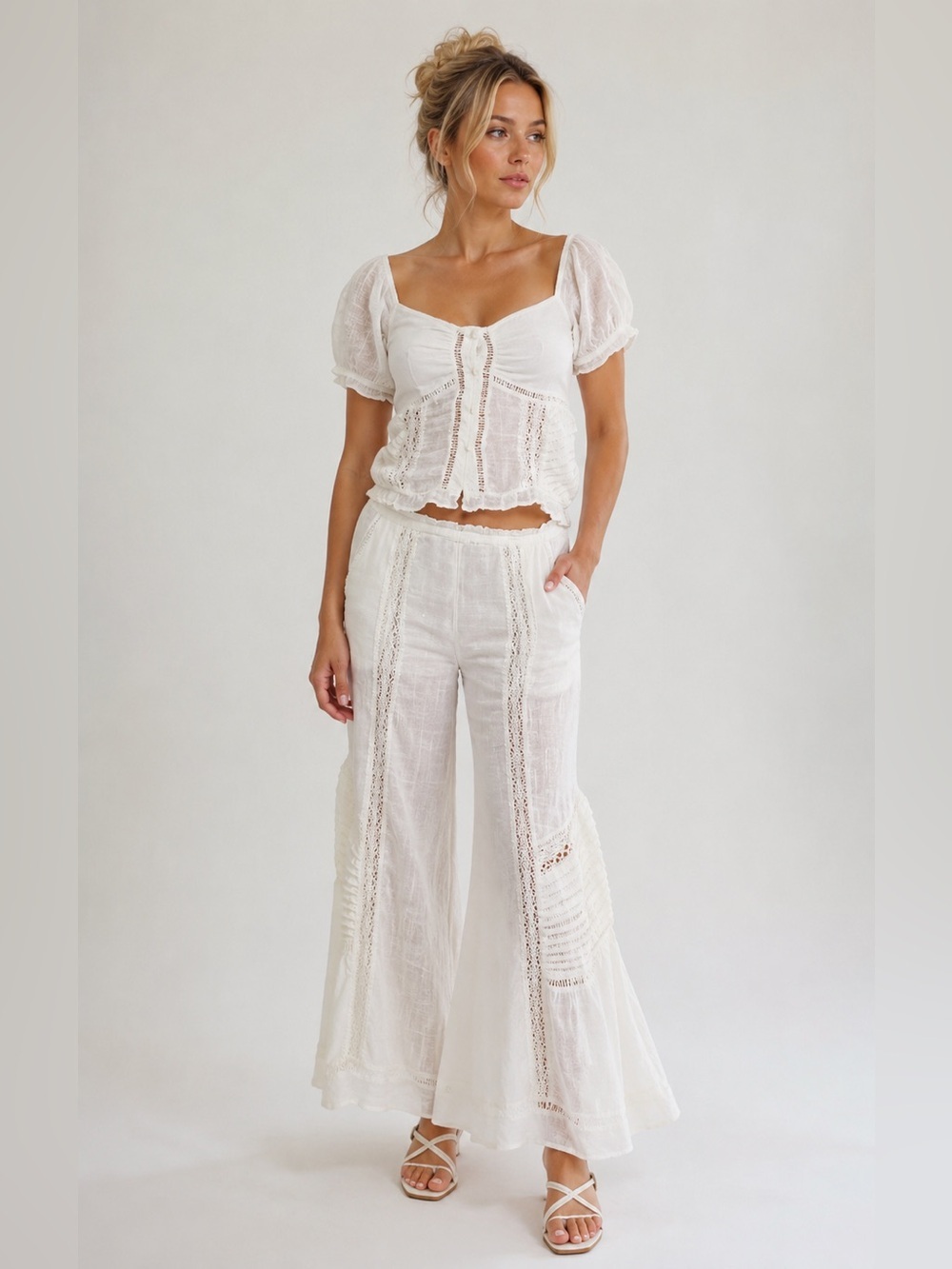 Free People Bali Alana Top & Wide Leg Pant Set White Crochet-Panel MSRP $298